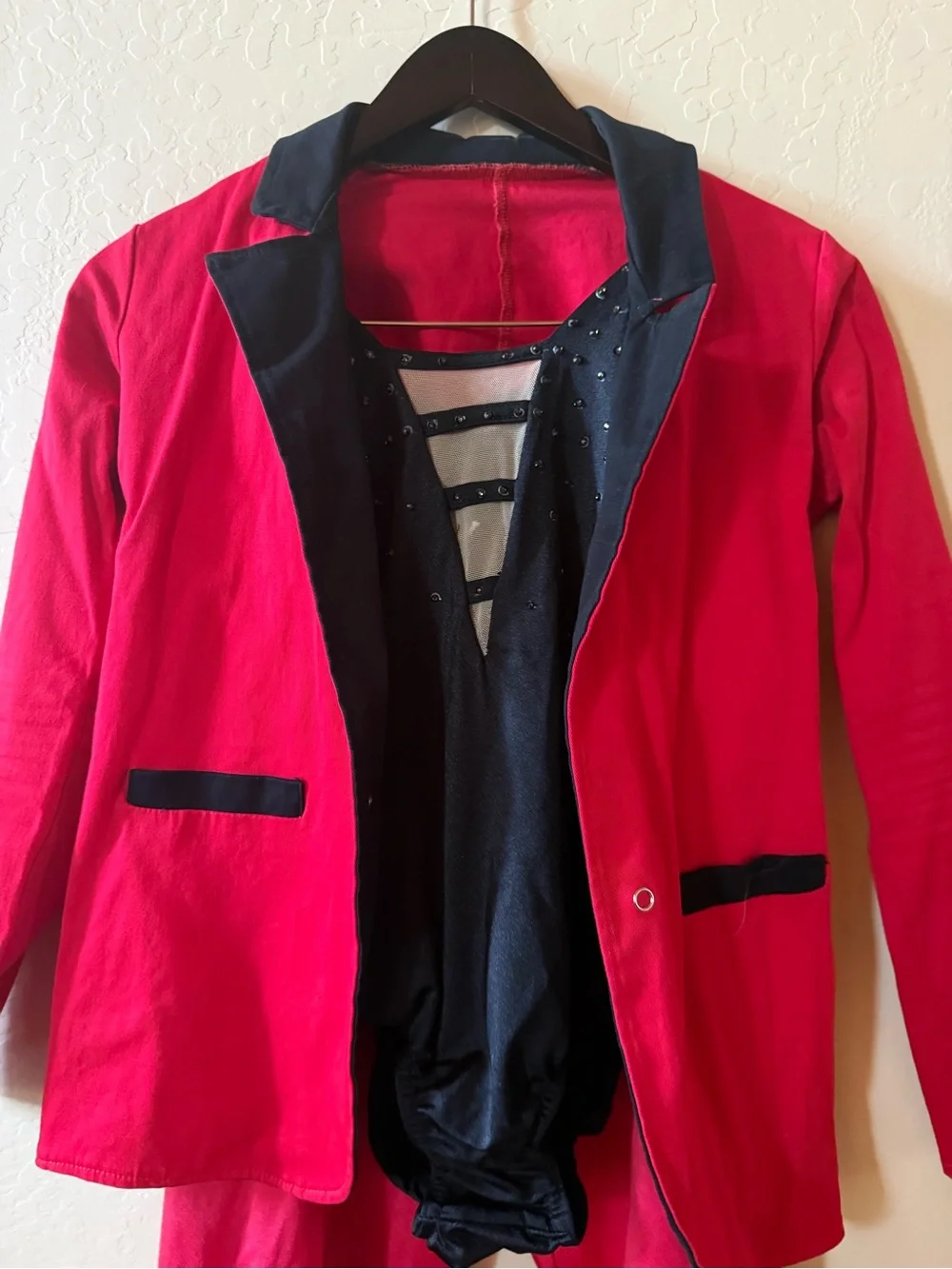 Kelle Large Child Red Jazz Dance Costume Set Blazer Pants & Rhinestone Leotard